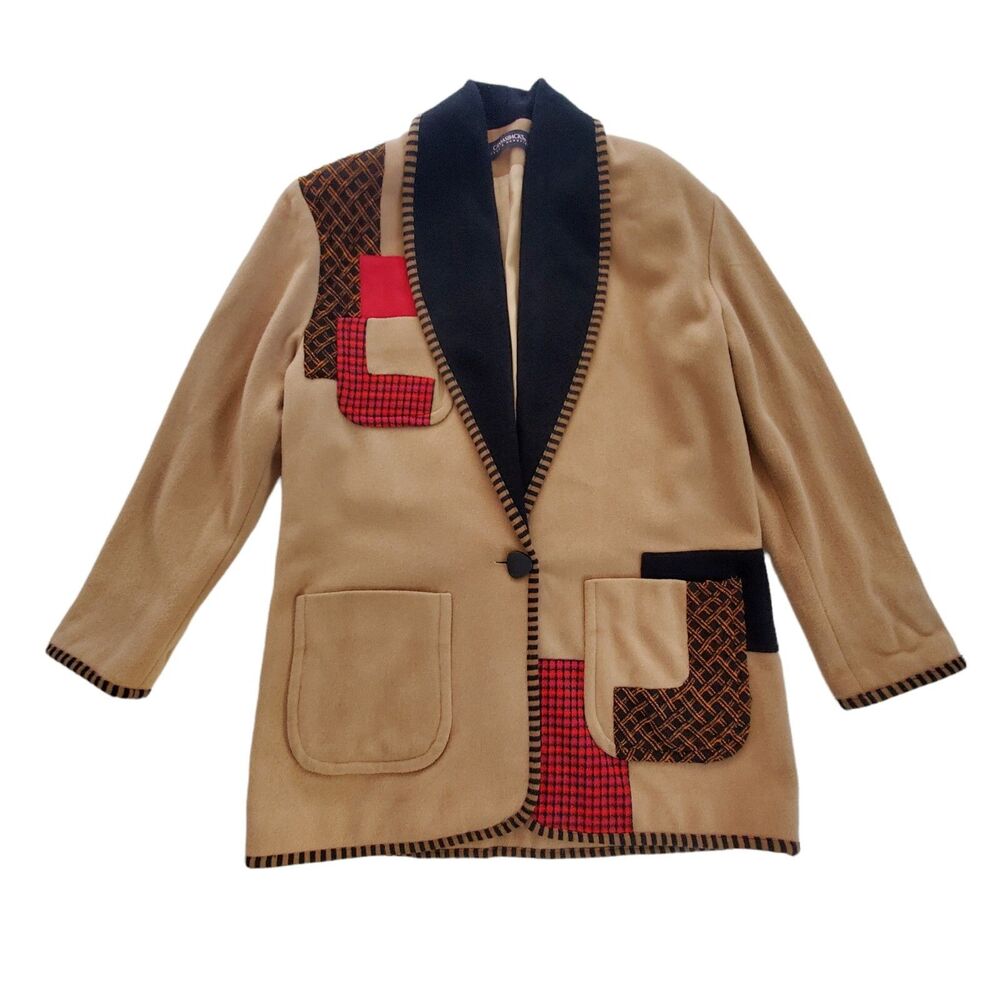 CANVASBACKS Women's Large Wool Coat Lutton & Horsfield Patchwork Brown Multi